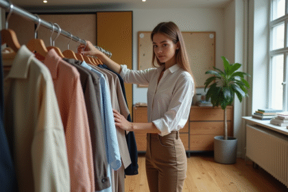 Jeune styliste femme dans son studio de mode avec vêtements