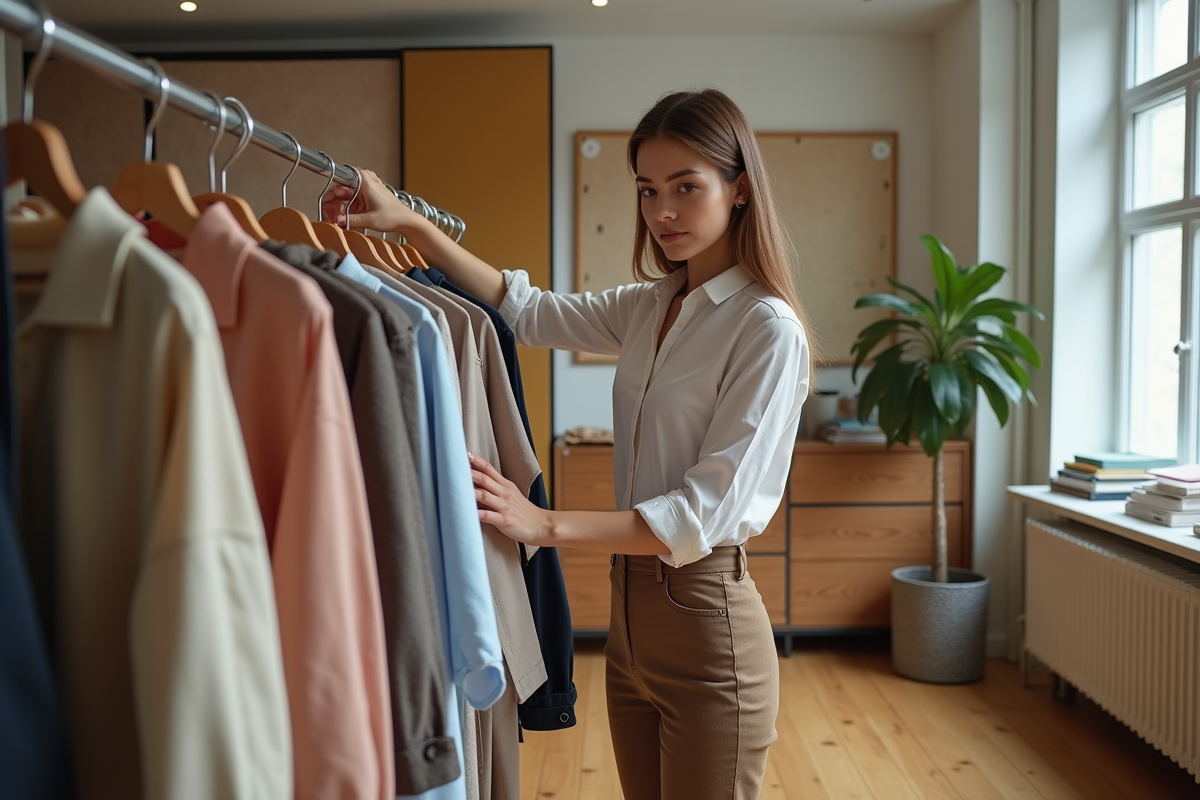 Jeune styliste femme dans son studio de mode avec vêtements