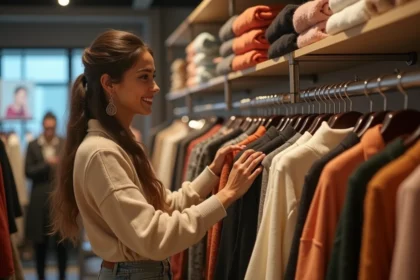 Jeune femme souriante dans une boutique de mode chic