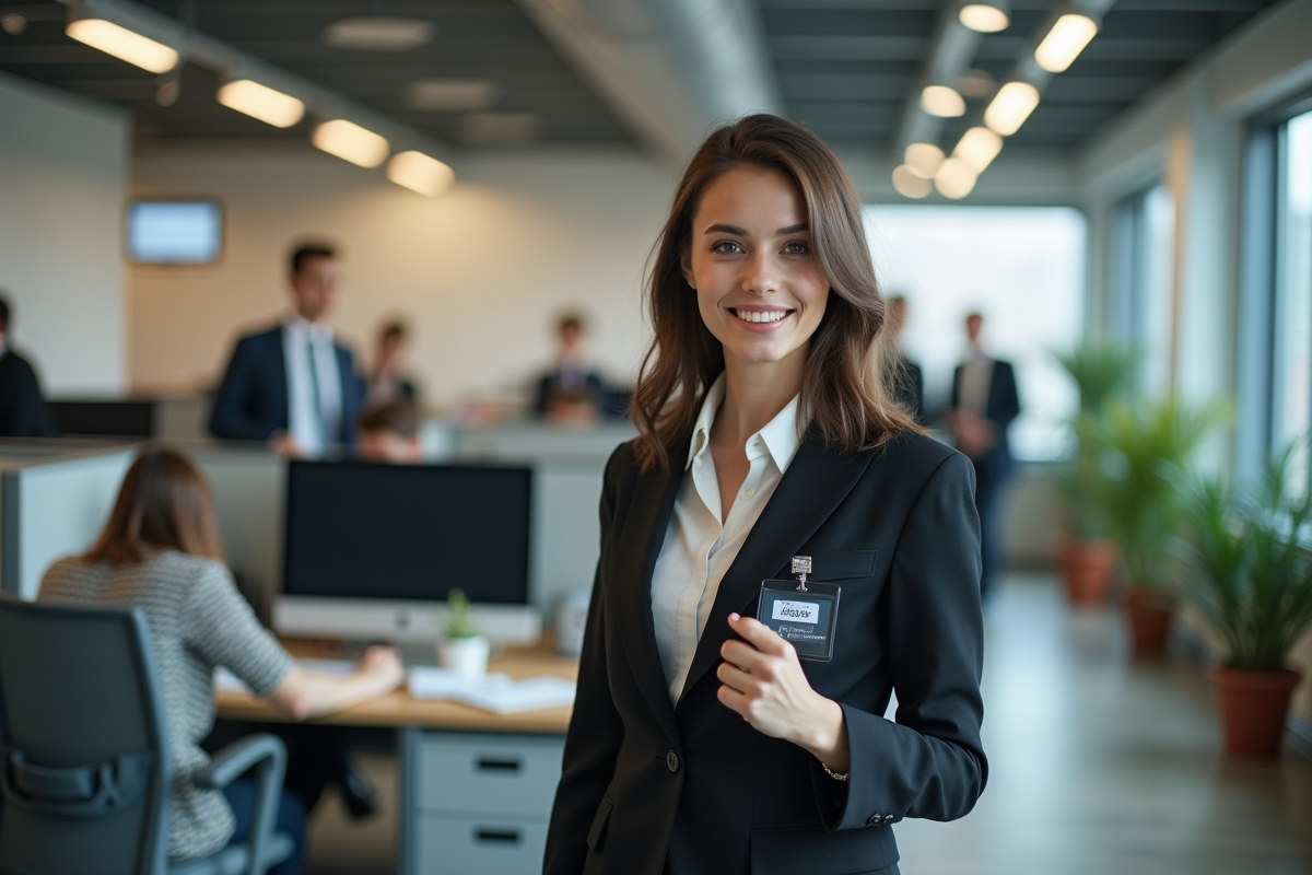 Jeune femme professionnelle ajustant son badge dans un bureau ouvert