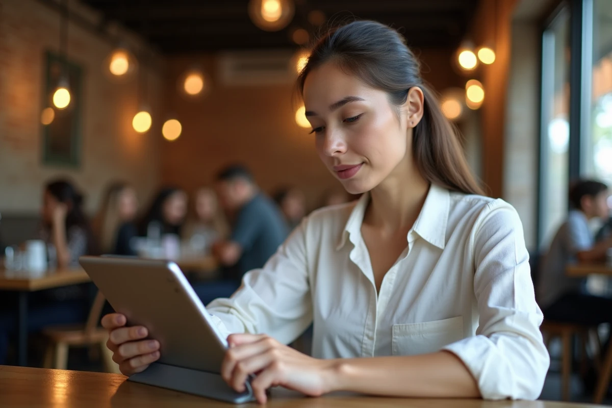 Jeune femme dans un café utilisant une tablette pour consulter des fiches produits de marques génériques sur une marketplace