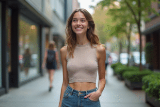 Jeune femme souriante dans la rue en crop top et jeans