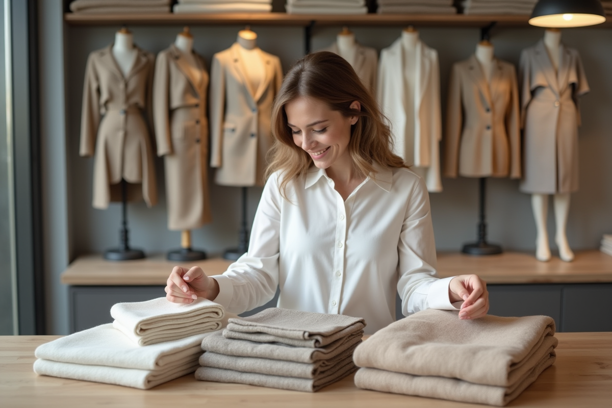Jeune femme avec échantillons de tissus dans une boutique