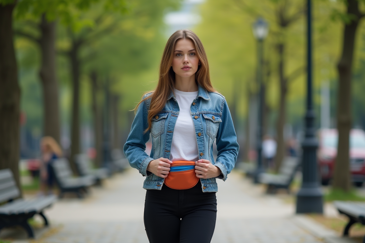 Jeune femme ajustant un sac banane coloré dans un parc urbain