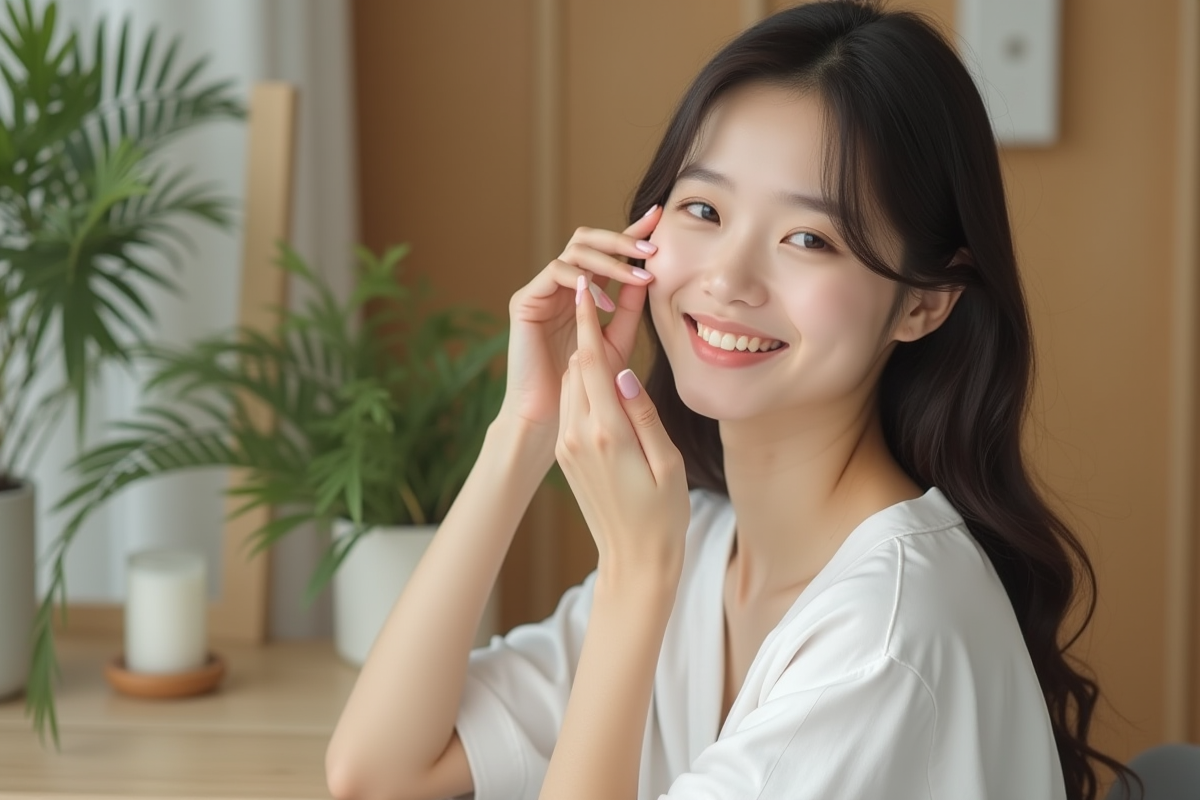 Jeune femme koreenne appliquant une creme visage naturel