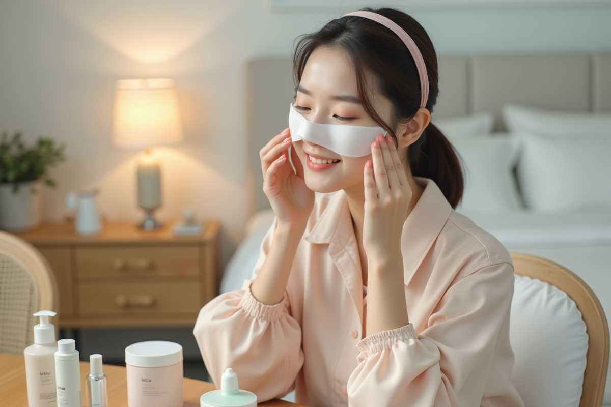 Jeune femme coréenne appliquant un masque visage dans sa chambre