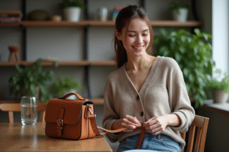 Jeune femme souriante ajustant son sac en cuir dans un intérieur cosy