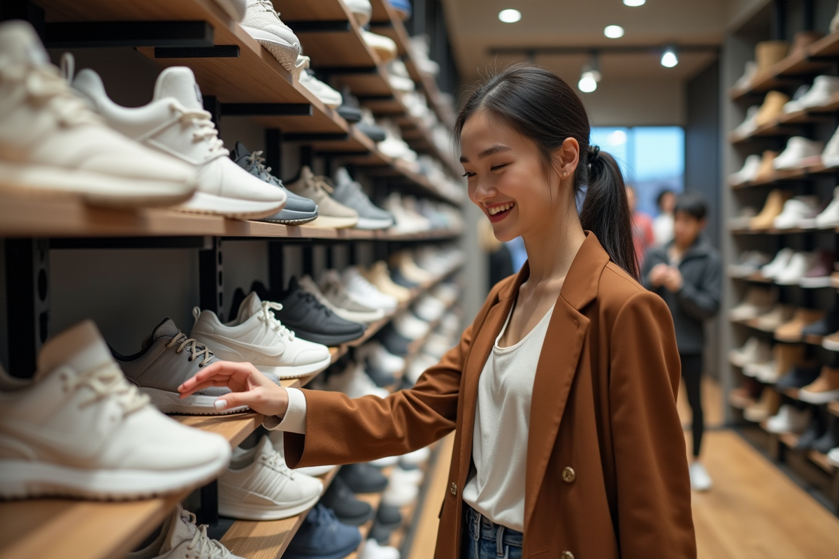 Jeune femme souriante choisissant des sneakers en magasin