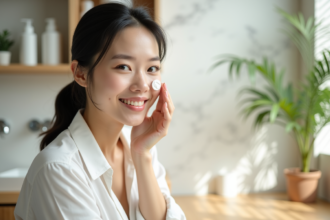 Jeune femme asiatique appliquant une creme visage dans sa salle de bain