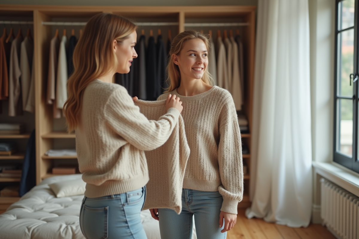 Jeune femme en pull beige regardant dans un miroir moderne