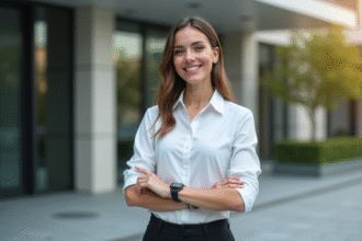 Jeune femme élégante en ville ajustant sa montre