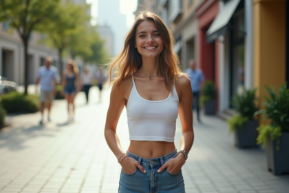 Jeune femme souriante dans la rue urbaine dynamique