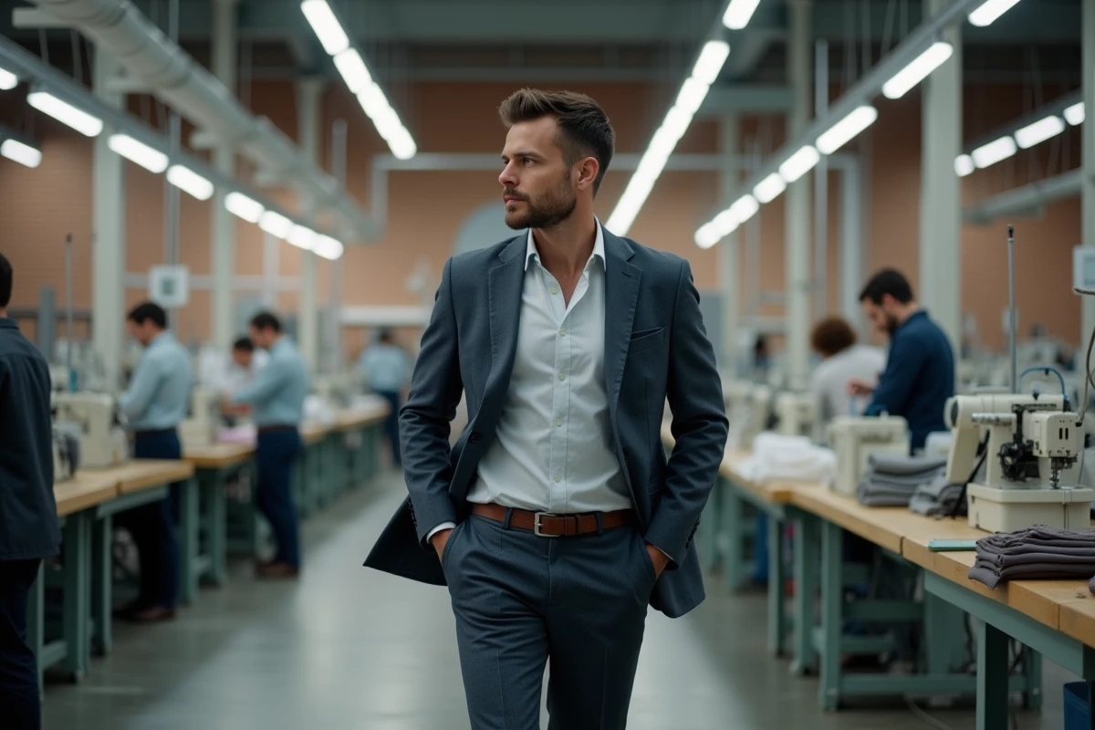 Jeune homme en déplacement dans une usine de vêtements moderne