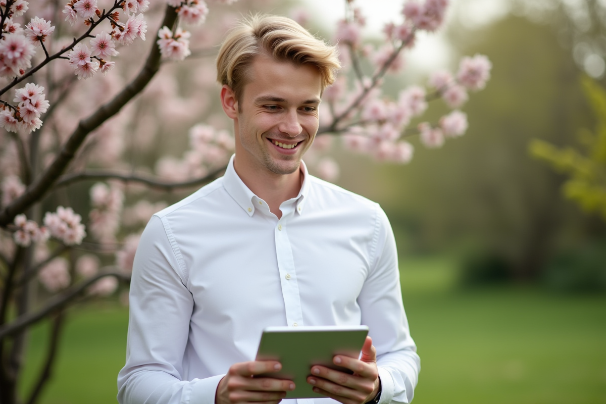 Jeune homme souriant avec tablette dans un jardin fleuri