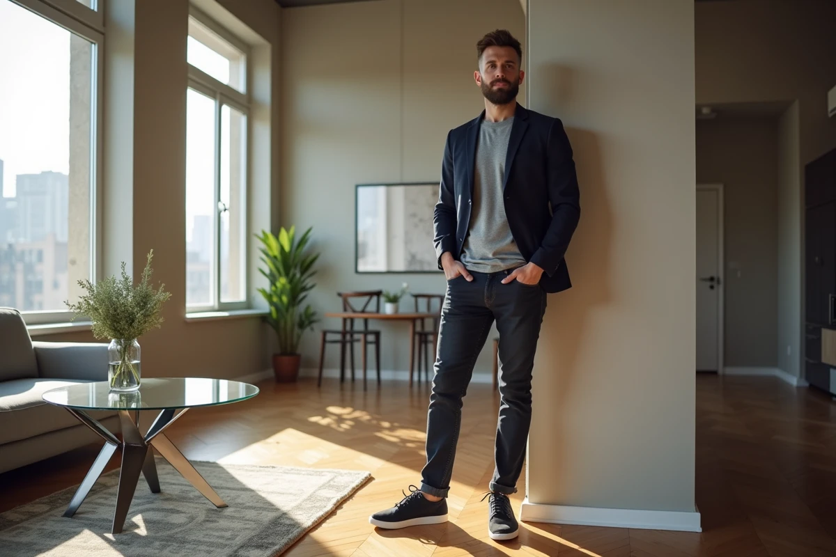 Jeune homme en blazer et sneakers dans un loft lumineux