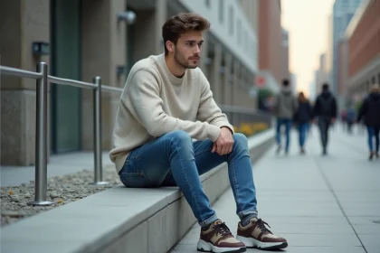 Jeune homme en ville regardant ses sneakers oversize