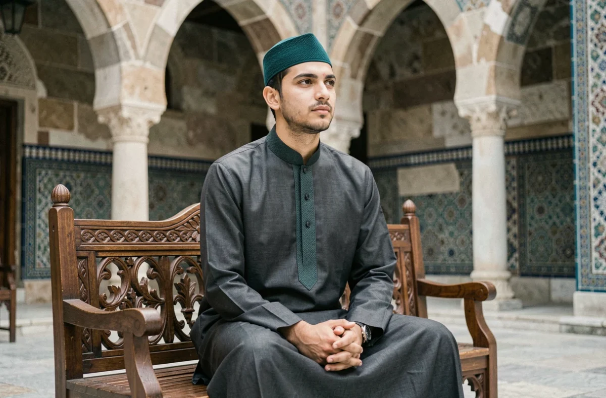 Jeune homme en taqiyah et shalwar kameez assis dans une cour de mosquée traditionnelle