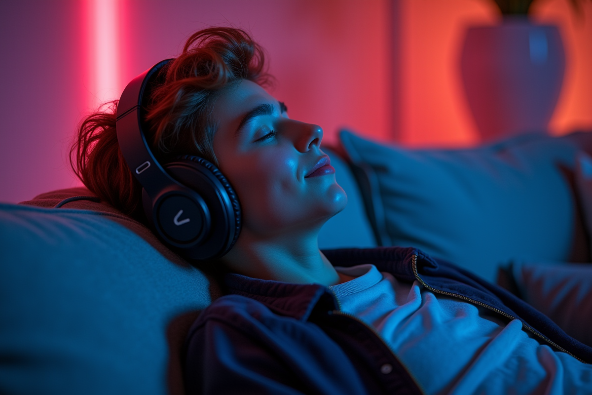 Jeune relaxant avec casque futuriste dans un salon coloré