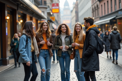 Groupe de jeunes adultes à la mode dans une rue urbaine dynamique