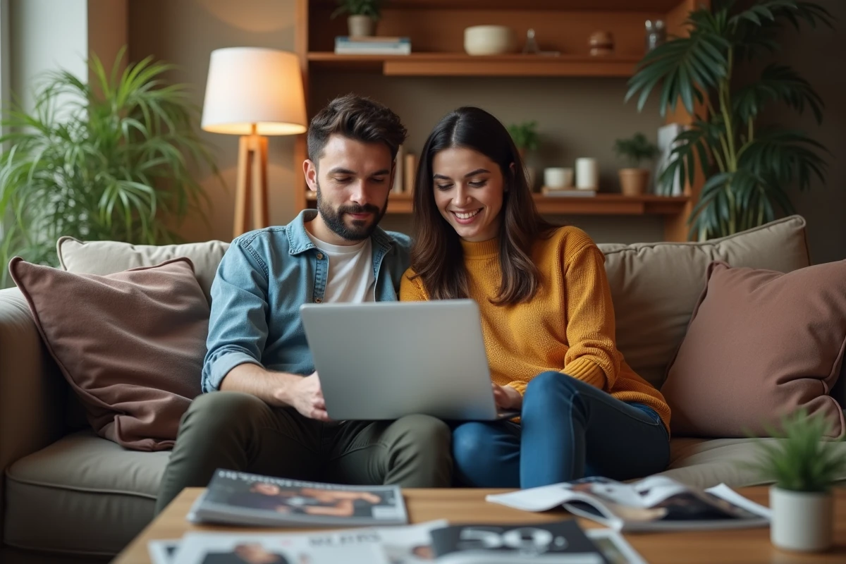 Jeune homme et femme naviguant en ligne pour mode Ici tout commence