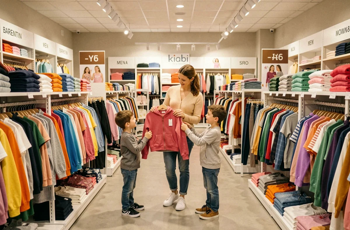 Famille faisant ses achats dans le magasin Kiabi de Barentin, mère et enfants choisissant des vêtements ensemble