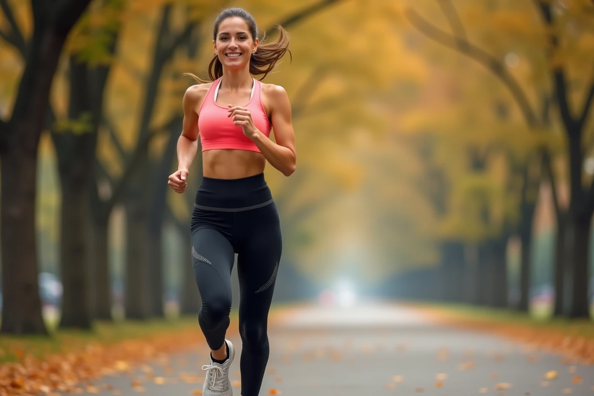 Femme en legging gainant faisant du jogging dans un parc urbain en automne