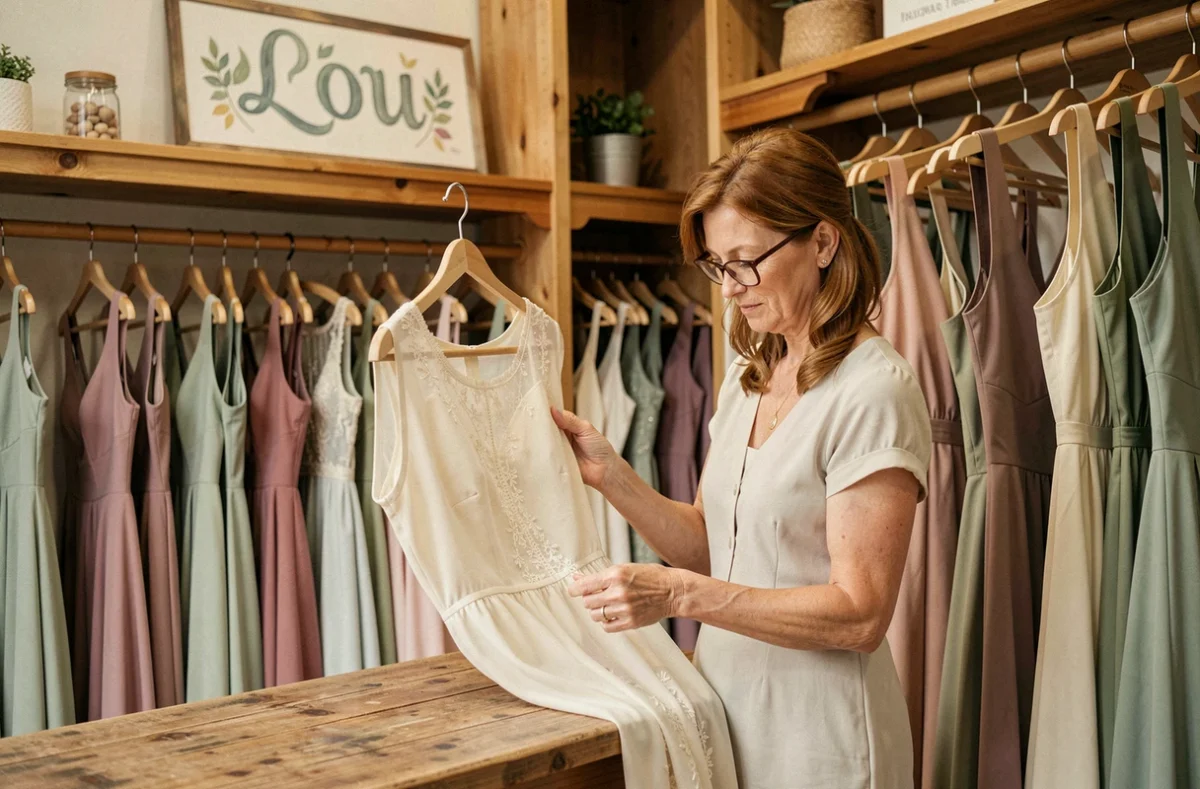 Boutique Lou avec une propriétaire préparant une robe en mousseline dans un cadre chaleureux en bois