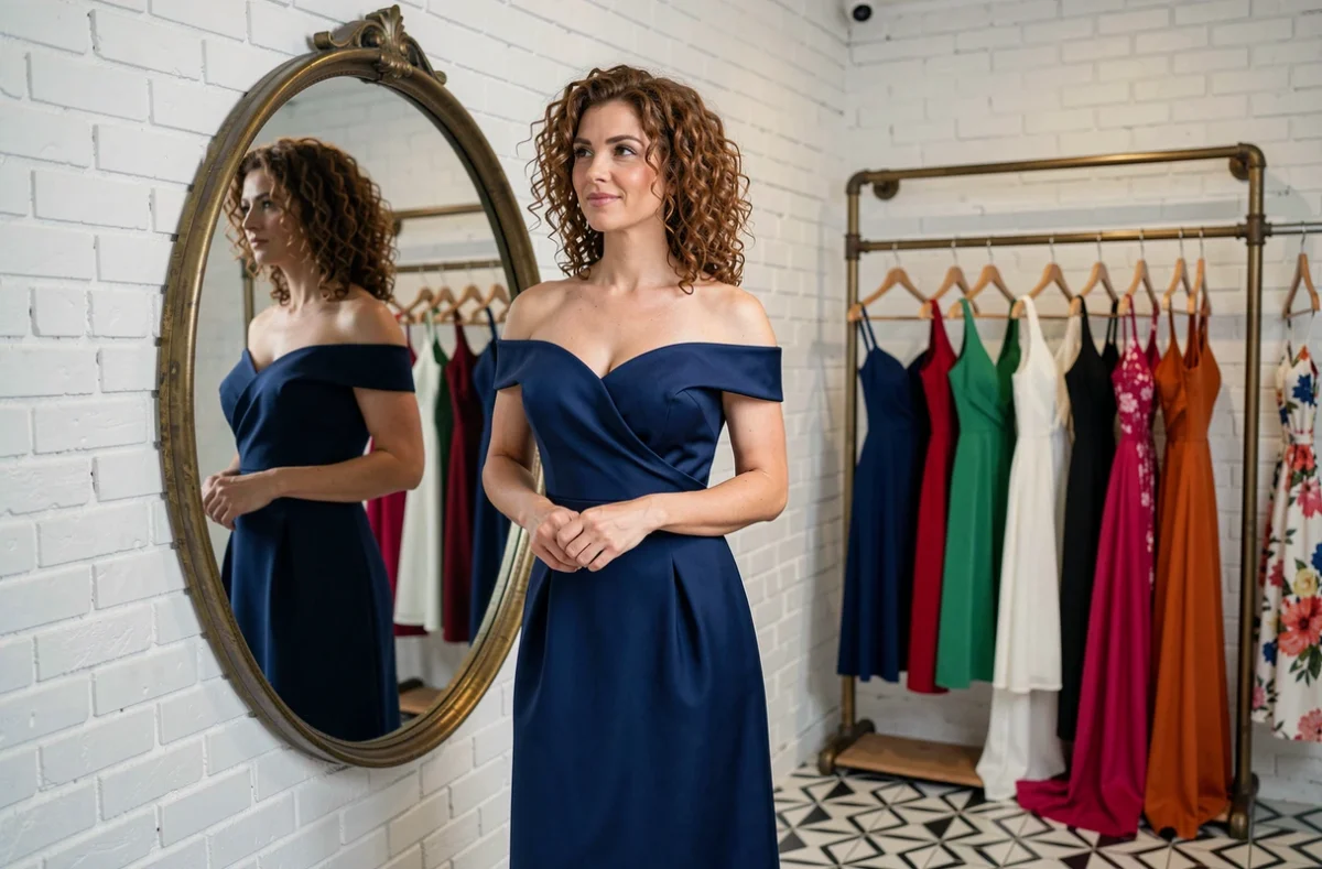 Cliente essayant une robe de soirée bleu nuit chez Madame a du Style devant un miroir en laiton