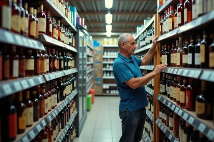 Intérieur d'un magasin de spiritueux et d'alcool au Pas de la Case en Andorre avec des étagères bien garnies