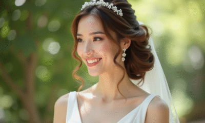 Mariée souriante avec coiffure florale en extérieur