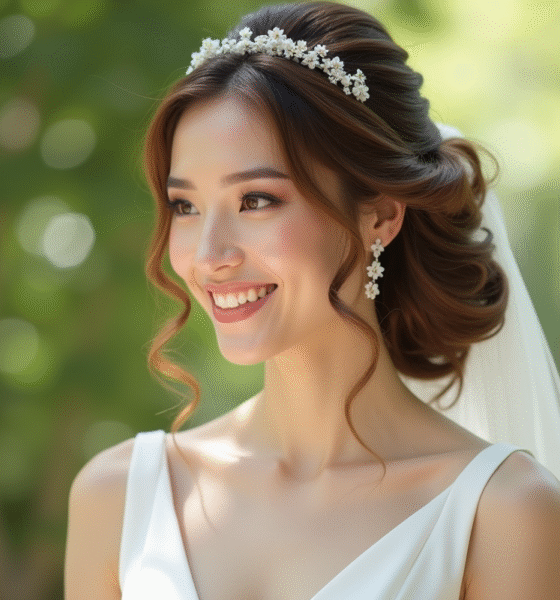 Mariée souriante avec coiffure florale en extérieur