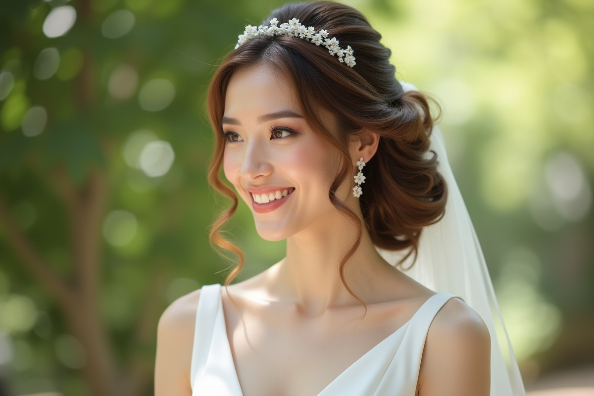Mariée souriante avec coiffure florale en extérieur