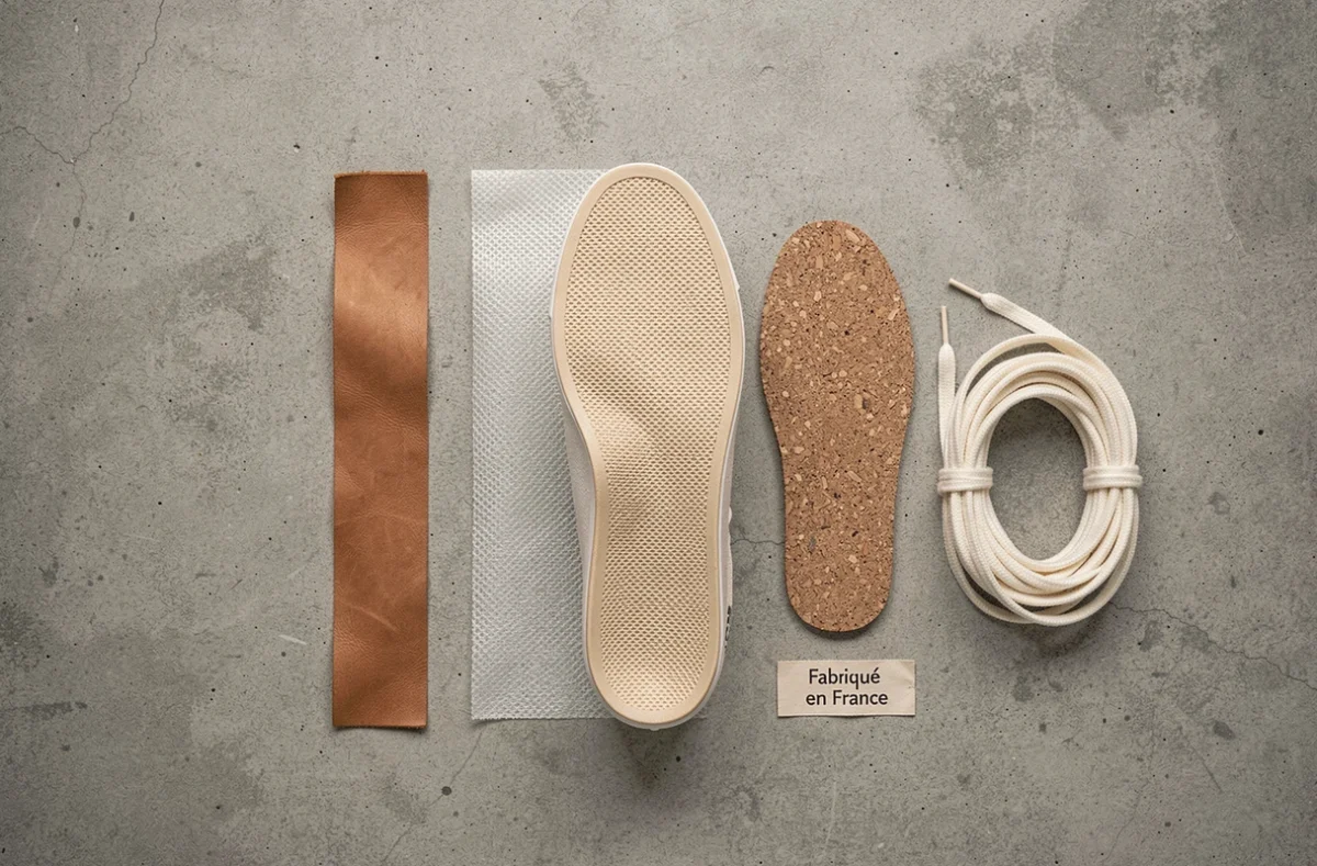 Disposition à plat des matériaux durables utilisés pour fabriquer des baskets françaises : cuir tanné végétal, mesh recyclé, semelle en liège et lacets en coton bio sur béton