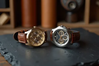 Comparaison de deux montres de luxe côte à côte sur ardoise, tourbillon haut de gamme et création horlogère indépendante en titane brossé