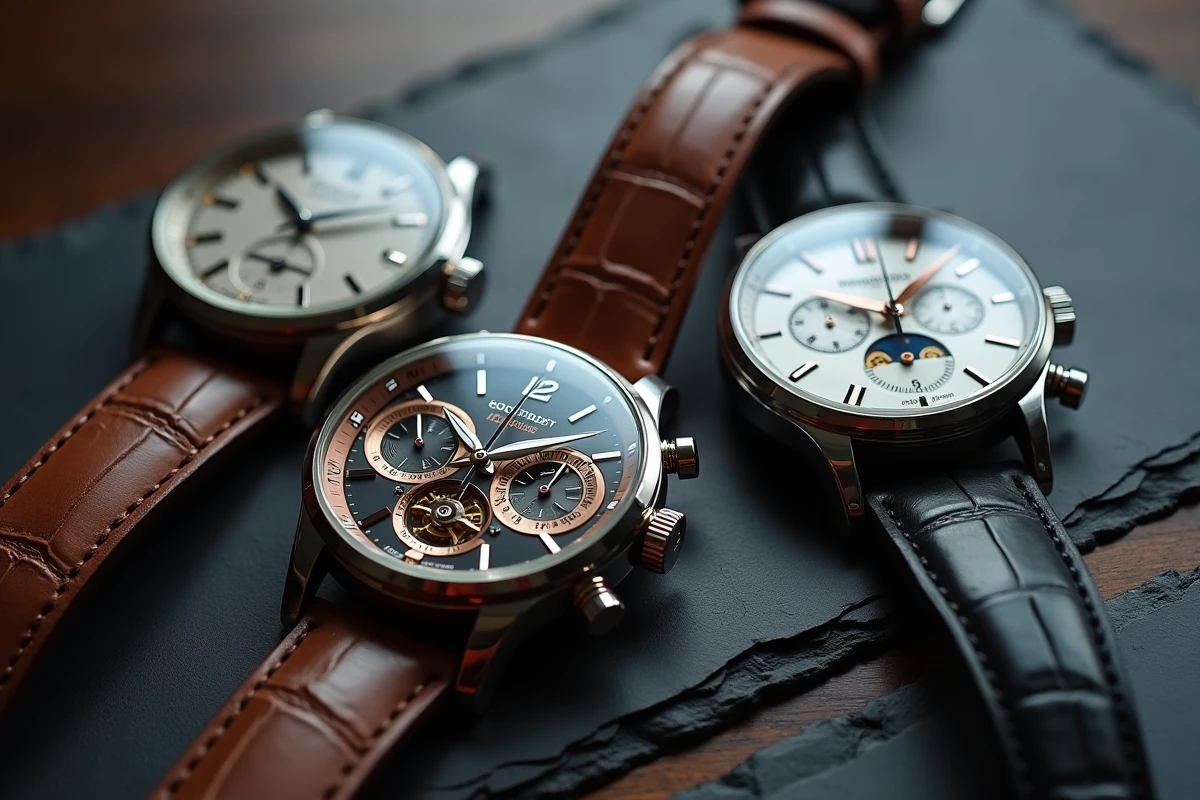 Trio de montres mécaniques suisses haut de gamme aux complications horlogères raffinées sur ardoise