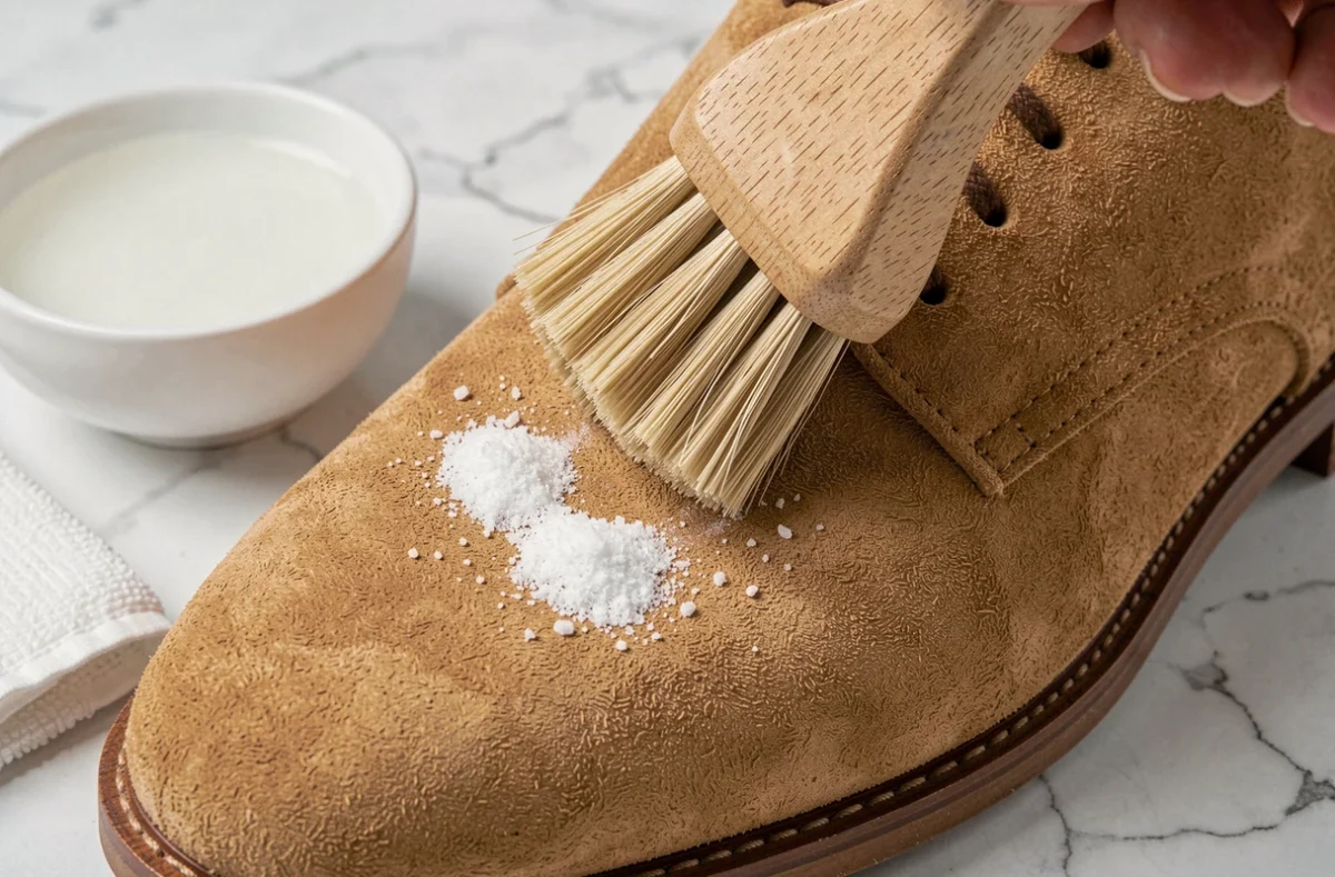 Gros plan sur une chaussure en daim beige en cours de nettoyage au pinceau pour éliminer les taches de sel, avec vinaigre blanc et chiffon microfibre sur marbre