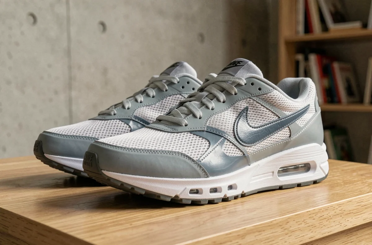 Paire de Nike TN Lisboa authentique vue de trois quarts sur une table en bois, détails de la semelle Air Max et du logo Swoosh visibles