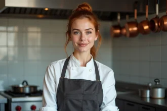 Femme cheffe cuisinière en tablier blanc dans une cuisine professionnelle, portrait trois quarts naturel et réaliste