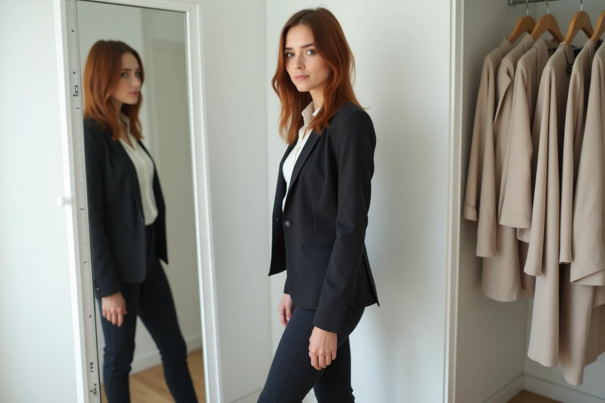 Femme en tenue élégante debout devant un miroir avec un mètre ruban, illustrant la taille et les mensurations
