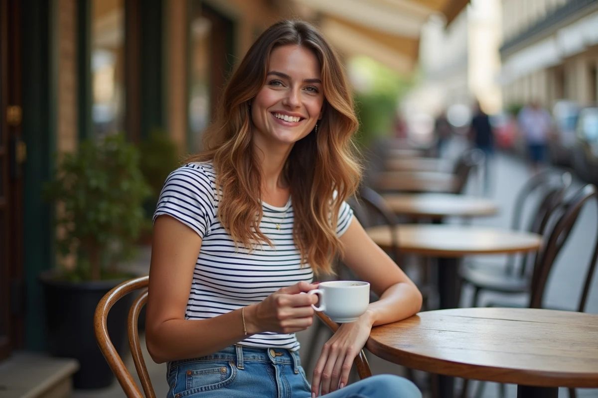 Jeune femme souriante en terrasse de café parisien, portrait décontracté illustrant la personnalité et le style de Noëmie Honiat