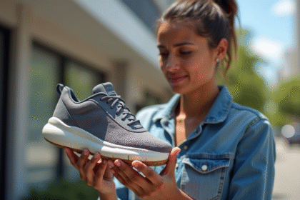 Personne examinant une semelle Skechers abîmée en extérieur