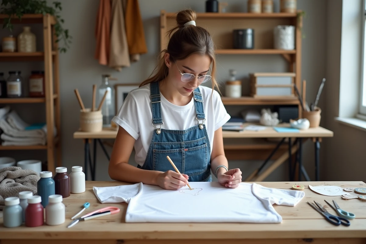 Jeune femme personnalisant un t-shirt Drake avec des peintures et stencils sur un établi en bois dans un atelier DIY