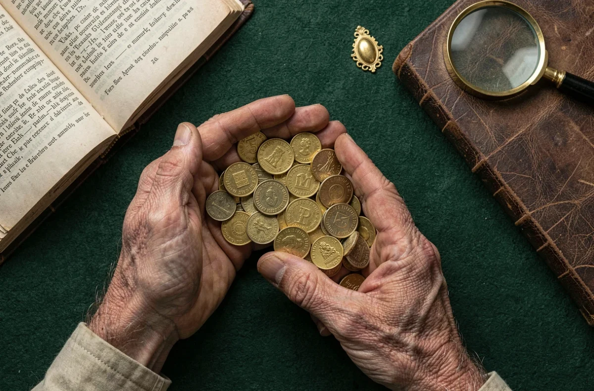 Pièces d'or anciennes et bijoux poinçonnés disposés sur un bureau pour expertise lors d'une succession familiale