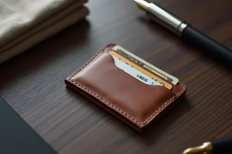 Porte-cartes homme fin en cuir marron posé sur un bureau en bois sombre avec stylo plume et pochette de costume