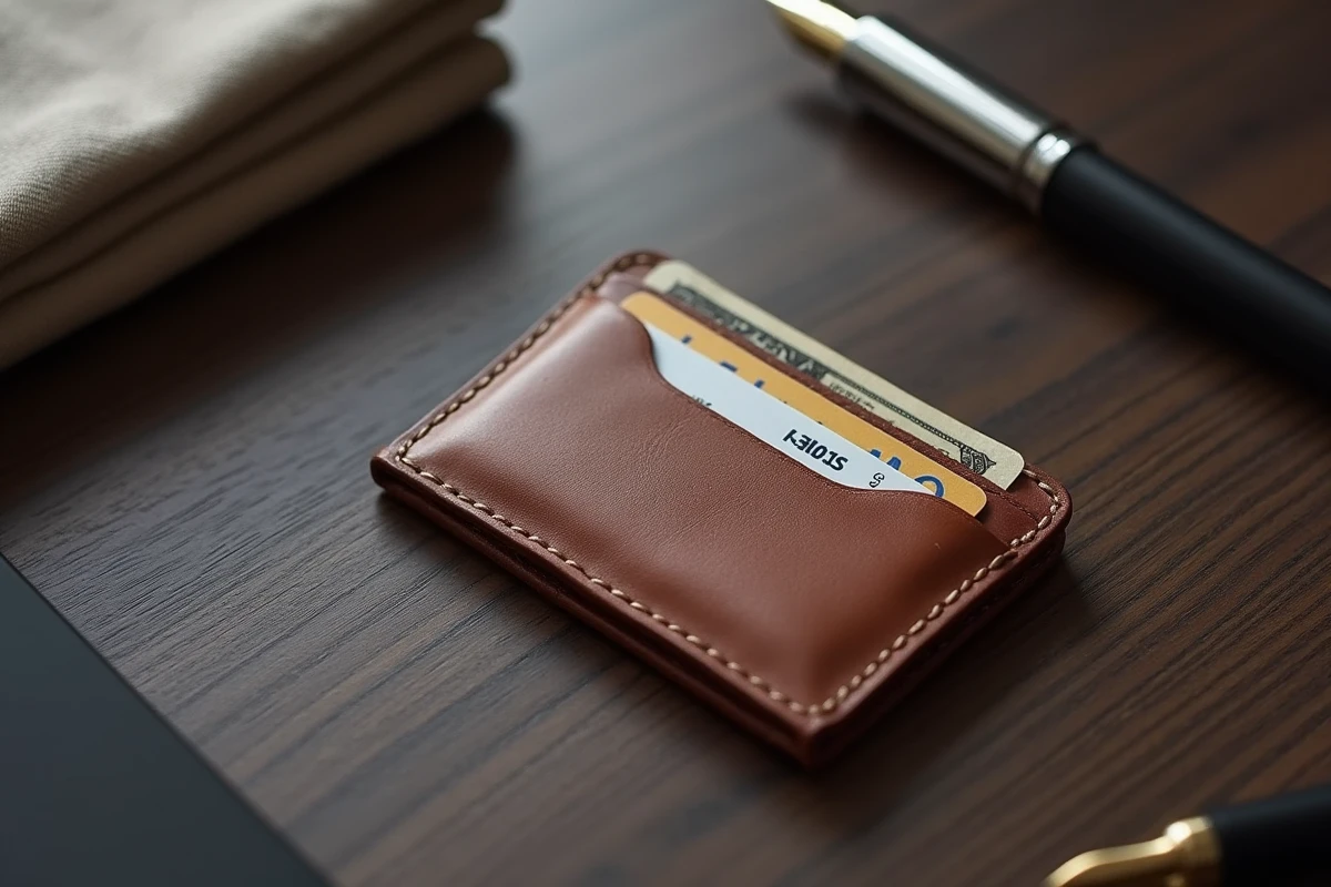 Porte-cartes homme fin en cuir marron posé sur un bureau en bois sombre avec stylo plume et pochette de costume