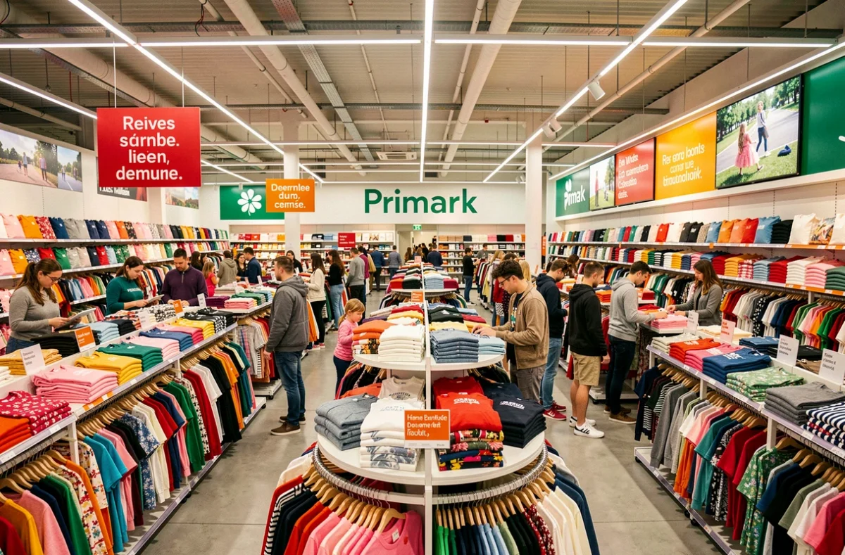 Intérieur animé du Primark de Rouen avec des clients de tous âges faisant leurs courses parmi les rayons de vêtements colorés