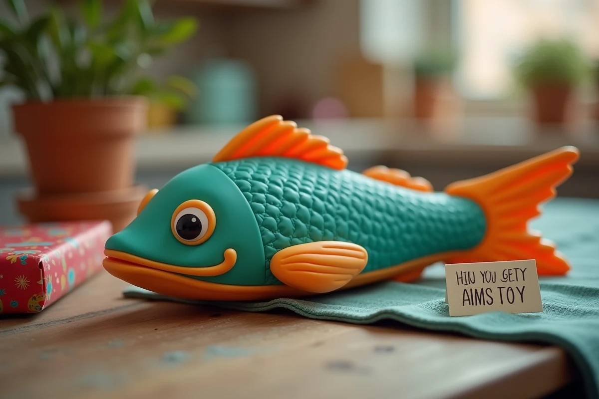 Claquette poisson humoristique en caoutchouc posée sur une table en bois entourée de papier cadeau coloré
