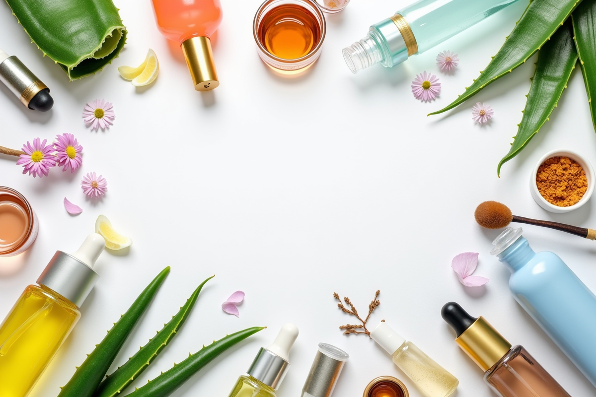 Arrangement de produits cosmétiques naturels et instruments de recherche sur une table lumineuse