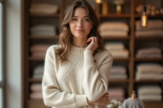 Femme portant un pull en laine crème dans une boutique de mode française avec des étagères en bois et des articles de knitwear bien présentés