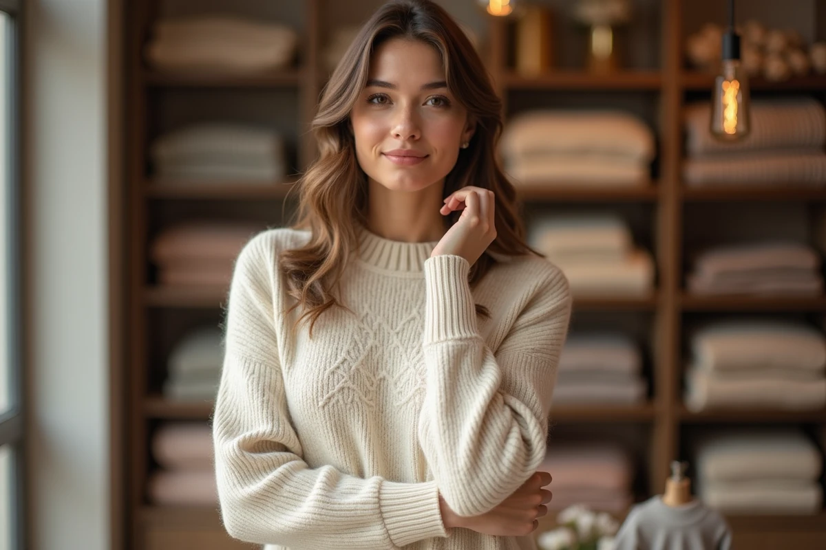 Femme portant un pull en laine crème dans une boutique de mode française avec des étagères en bois et des articles de knitwear bien présentés